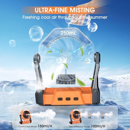 Ausic Portable Misting Fan for Outdoor Cooling, [16-65Hrs] Battery Powered Mist Fans with Water Misters & LED Lantern, 8-Inch, 250mL Tank, for Patios, Home, Outside, Camping, Outdoor&Indoor Use - Image 2
