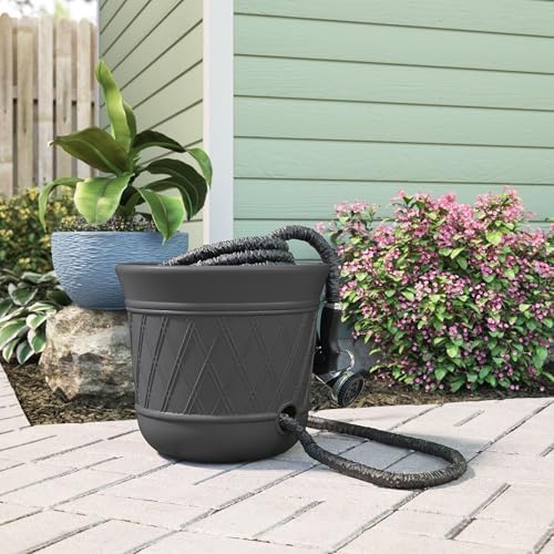Suncast 12 Pack 14" x 12" Round Resin Decorative Weatherproof Outdoor Hideaway Standard Garden Hose Storage Pot with Drainage Holes, Gray - Image 5
