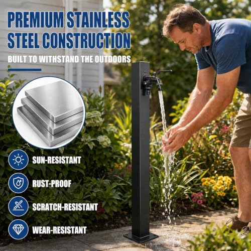 Outdoor Faucet Stand with Hose Holder, Freestanding Garden Water Column, Stainless Steel Outdoor Water Station for Garden Hose Connection - Image 4