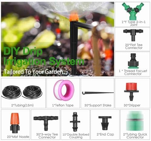 Drip Irrigation Kit, 1/4" PE Garden Watering System with Adjustable Nozzles & Timer Controller, Automatic Watering Kit for Greenhouse Patio Potted Vegetable Plants (30m Tube) - Image 3