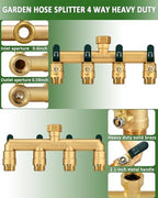 4 Way Hose Splitter, Heavy Duty Full Flow Garden Hose Splitter with 4 Large Metal Handles, Brass Water Hose Bib Splitter, T Adapter Connector with 3/4 - Inch GHT Thread (Green) - Image 4