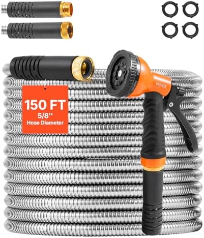 VEVOR Garden Hose Metal 150 ft, Rust Proof Stainless Steel Water Hose, Heavy Duty Backyard Hose with 10 Function Nozzle, No-Kink & Flexible Water Pipe, Lightweight Metal Hose for Yard, Outdoor by VEVOR