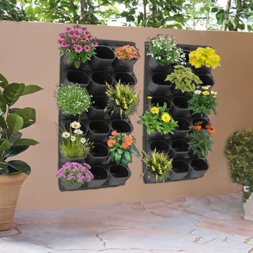 36 Pockets Vertical Wall Planter, Wall Mounted Flower Pot Holder with 180LB Capacity,10.56 oz Self Watering Pots & 36 Non-Woven Bags for Indoor Outdoor Herbs,Flowers,Strawberries (Black) - Image 2