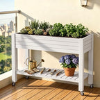 Elevated Resin Raised Garden Bed, 33.7in Height Raised Planter Box with Drainage Holes, Lockable Rotating Wheels & Bottom Storage Shelf, Stake Support, Easy Assembly for Patio Lawn Backyard Balcony - Image 7
