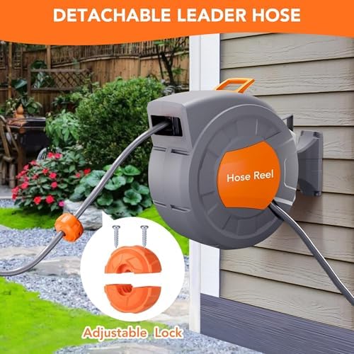Heavy Duty Retractable Garden Hose Reel – 1/2" x 65FT Wall Mounted Water Hose with 9-Function Sprayer Nozzle, 180° Swivel Bracket, Automatic Rewind, Any Length Lock - Image 3