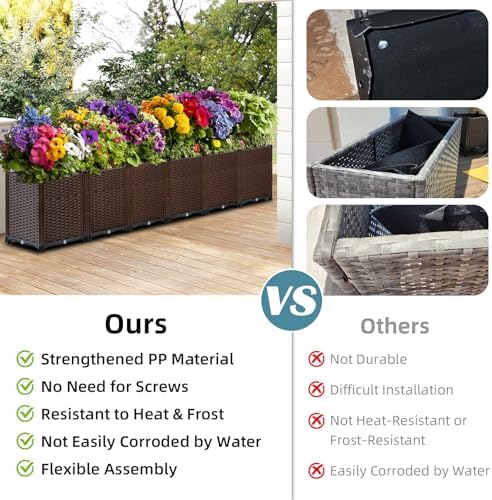 Extra Large Rattan Planter Outdoor 17.7" Deep -Elevated Planter Box with Drain Outlet 95"L x 16"W x 21"H, Self Watering Raised Garden Beds for Vegetables, Flowers, Herbs Standing Gardening Kit - Image 4