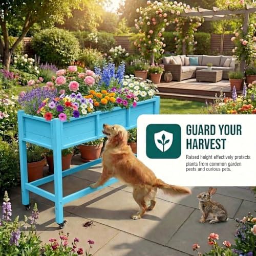 YITAHOME Raised Garden Bed HDPE, 47x18x31In Raised Flower Bed Poly-Wood Weather-Resistant Elevated Planter Box with Lockable Wheels for Vegetables, Aruba Blue - Image 3