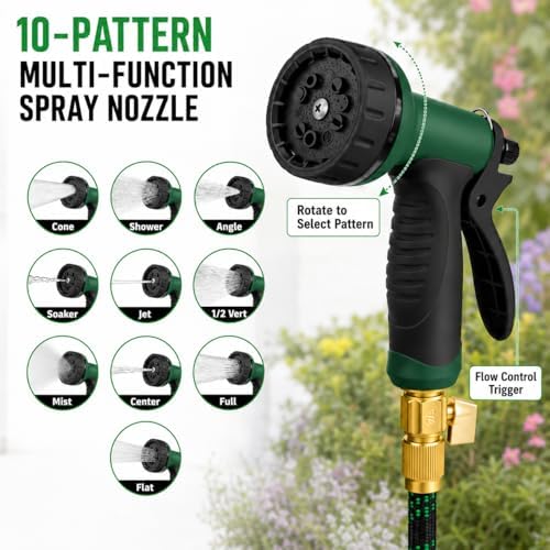 50 FT Premium Non-Expanding Garden Hose Ultra Lightweight, 50FT Watering Hose with 10 Function Nozzle, Kink & Tangle-Free, Leakproof & Pressure Resistant for Yard/Lawn/Camping (Black&Green) - Image 4