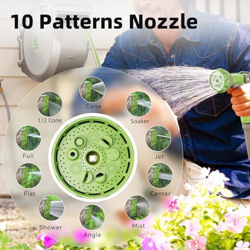PINWHEEL 5/8in 75FT Retractable Garden Hose Reel, Automatic Retractable Hose with 10-Pattern Spray Nozzle, 180° Swivel Bracket, 3-Layer PVC Durable Water Hose for Yard Lawn Care - Image 5