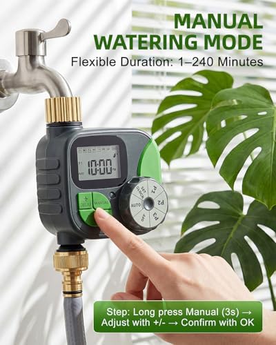 Brass Sprinkler Timer, IP55 Programmable Hose Water Timer with 3 Watering Program, Digital Watering System with Rain Delay & Manual Override, for Garden, Lawn, Yard Care - Green - Image 5