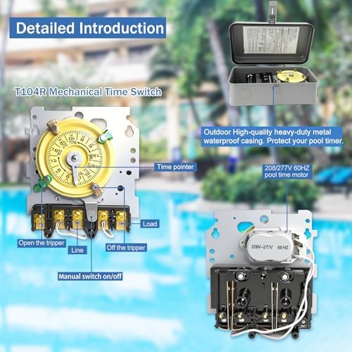 T104R Mechanical Timer Switch, 208–277 VAC 40 Amp,Pool Pump Switch, 24 Hour 12 ON/Off for Pump, Heavy Duty Pool Timers Outdoor, Timer for Pump Lights HVAC Systems, 5 Years Warranty - Image 3