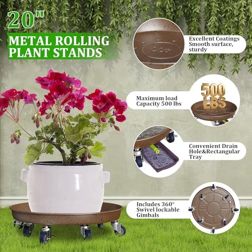 20" Metal Plant Caddy, Heavy Duty Planter Pot Mover with Iron Lockable Wheels and Drain Hole, Large Rolling Dolly Planter Caddy Flower Pot Indoor and Outdoor Flowerpot Tray (2pcs) - Image 2
