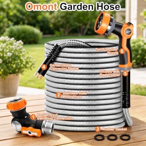 Metal Garden Hose 100FT with Nozzle Universal Adapter, 360° Swivel Connector Water Hose Stainless Steel Water Hose with Nozzle - Image 2