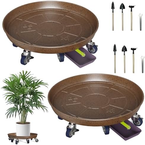 20" Metal Plant Caddy, Heavy Duty Planter Pot Mover with Iron Lockable Wheels and Drain Hole, Large Rolling Dolly Planter Caddy Flower Pot Indoor and Outdoor Flowerpot Tray (2pcs) by Ganggend