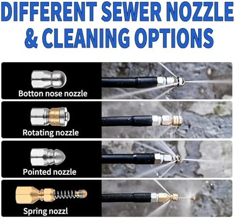 Selkie Pressure Washer Sewer Jetter Kit - 100Ft X1/4" Hydro Drain Jetter Cleaner Hose, Corner, Rotating and Button Nose Sewer Jetting Nozzle Waterproof Tape,Orifice 4.0 4.5,1/4 Inch NPT,5800 PSI - Image 5