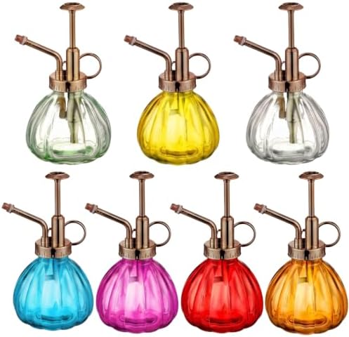 Maxdot 7 Pcs Colorful Glass Plant Mister Spray Bottle 250ml Vintage Pumpkin Spritzer with Bronze Top Pump 6.3" Tall Small Decorative Spritzer One Hand Watering Can for Plants Cleaning Gifts by Maxdot