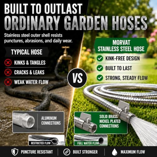 Morvat 150ft Stainless Steel Garden Hose Metal with Brass ON/OFF Valve, Heavy Duty for Nozzle, Water, Yard & Outdoor, Lightweight No-Kink, Crush & Puncture Resistant, Roll of Teflon Tape & 3 Washers - Image 2