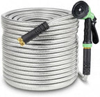 Jojoka Heavy Duty Stainless Steel Garden Hose 25FT, Flexible Kink-Free Metal Water Hose with 10-Function Spray Nozzle and Solid Brass 3/4'' Connectors, Leak-Proof US Standard for Garden, Lawn by Jojoka
