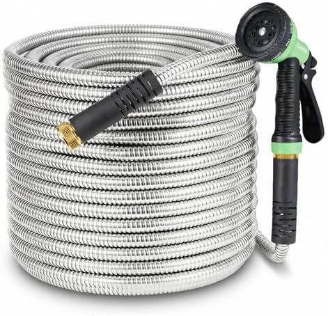 Jojoka Heavy Duty Stainless Steel Garden Hose 25FT, Flexible Kink-Free Metal Water Hose with 10-Function Spray Nozzle and Solid Brass 3/4'' Connectors, Leak-Proof US Standard for Garden, Lawn by Jojoka