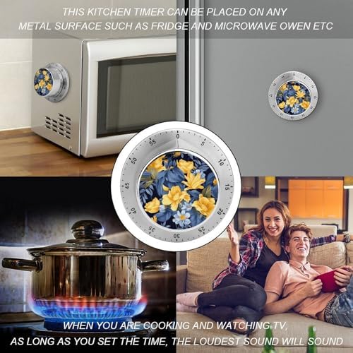Mechanical Kitchen Timers for Cooking,Blue Base Yellow Floral Printed 60 Minute Magnetic Countdown Timer,Cute Cooking Timers with Alarm,Stainless Steel Time Timer Manual No Batteries Required - Image 4