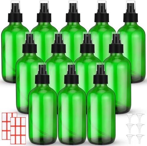 Norme 12 Pcs 8 oz Glass Spray Bottles, Funnels and Labels, Green, Stylish by Norme