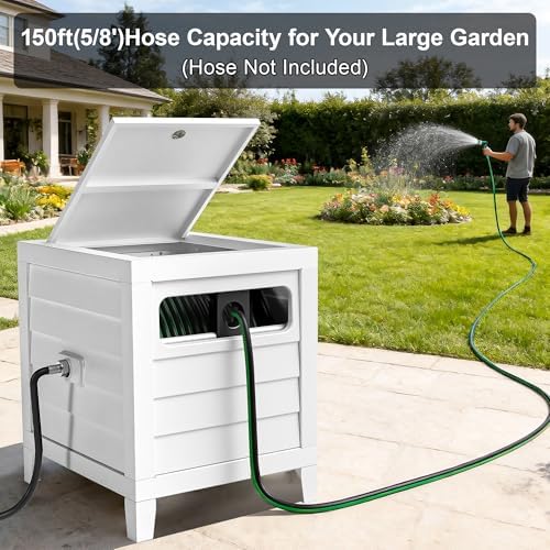 Metal Garden Hose Reel Box, Heavy Duty 150Ft 5/8" Large Capacity Hose Storage Deck Box with Hose Guide, 6Ft Leader Hose, Leak-Proof Aluminum Water Connection, Manual Crank Handle Easy Essemble (White) - Image 3