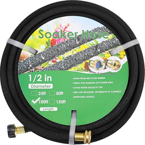 MAMIZO Soaker Hose 100 Ft 1/2" Brass Connectors Heavy Duty Water Saving by MAMIZO