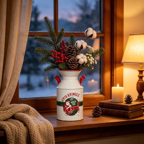 Vintage Christmas Kris Kringle Metal Milk Can Vase, Rustic Holiday Decorative Flower Jug with Red Handles, Festive Pitcher for Indoor Home Decor, Christmas Floral Arrangements - Image 2