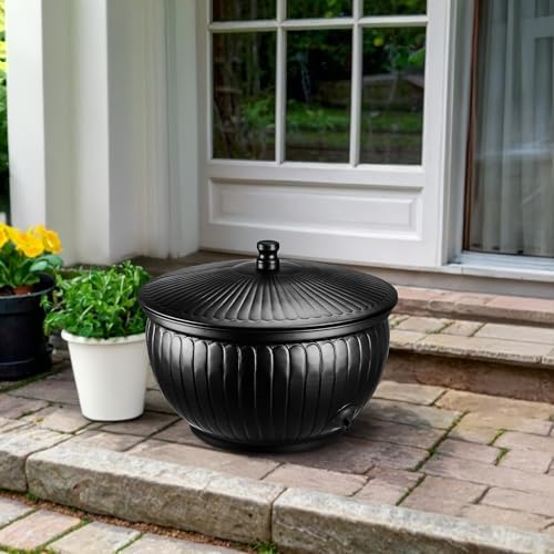 Monarch Abode Garden Hose Holder with Lid – Decorative Water Hose Holders for Outside, Arch Embossed Metal Matte Black Pot with Drainage, 100ft Waterhose Holder for Outside, Garden Storage Caddy - Image 2