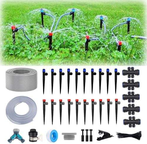 82FT Drip Irrigation Kit, 1/4-inch Drip Irrigation Emitter, Fan-Shaped Drip Irrigation Emitter, Quick-Connect Automatic Drip Irrigation System, Suitable for Watering Plants in Flowerpot Elevated Bed. by FUJINIRRI