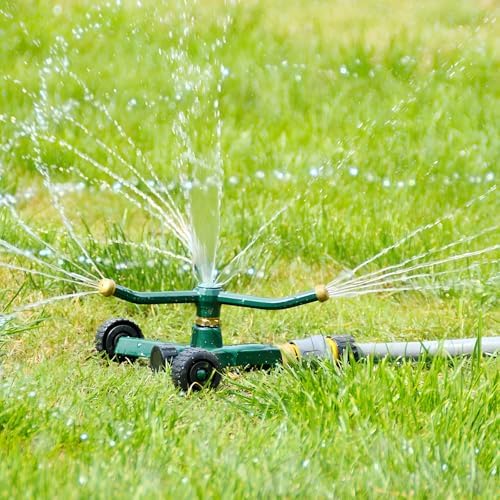 3-Arm Metal Sprinkler with Wheel Base, 360 Degrees Rotary Sprinkler for Yard, Copper Nozzle, Covers Up to 845 sq ft, Quick Connect Garden Irrigation System for Lawn and Outdoor Areas - Image 2