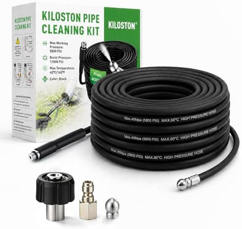 100FT Sewer Jetter Kit for Pressure Washer, 5800 PSI Slim Hose with Compact Connector for Easy Pipe Insertion, 1 Jet Nozzle, 2 Adapters, Compatible with Spray Guns, Ideal for Clogged Drains by Unknown