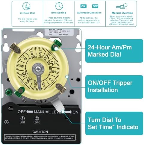 T101M Pool Timer Mechanism Only, Pool Pump Timer, 120V 40A SPST - Image 3