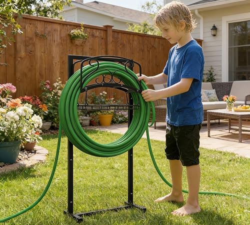 Kingson Portable Garden Hose Holder with Storage Basket - Heavy-Duty Freestanding Steel Stand, Holds 150FT Hose, Black Powder-Coated Finish, Detachable & Space-Saving Design with Tools by Kingson