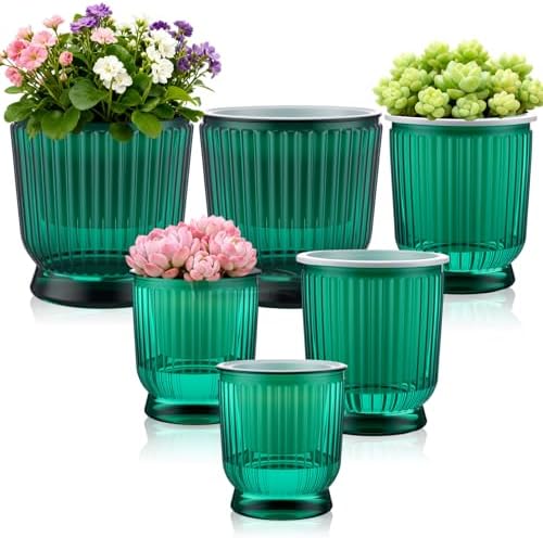 Set of 6 Self Watering Plant Pot 3 Sizes Plastic Double Layer Self Watering Flower Pot with Multi Mesh Drainage Holes Wicking Reservoir for Indoor Outdoor Garden Plants(Green) by Ferrochef