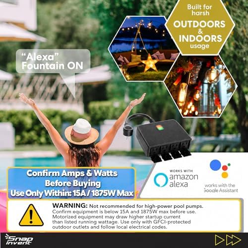 Smart Heavy Duty Outdoor Power Strip WiFi Plug Water-Resistant Socket, Electrical Power Extension Cord, Outlet Switch and Timer Works Remotely with Alexa, G Assistant (4 Sockets) Black - Image 2