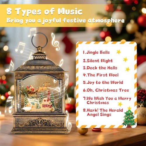 Christmas Snow Globes, Light Up Snow Globe with 6H Music Timer, Auto Snowfall, USB or Battery Powered, Christmas Globe with Santa Snow Globe Scene, Indoor Christmas Decorations for Home, Retro Gold - Image 3