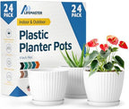 White 6-Inch Plant Pots with Drainage & Saucers 24 Pack, Indoor & Outdoor Planters for Houseplants, Herbs, and Flowers, Durable & Weatherproof Material, Stackable, Lightweight, Minimalist Design by LIFEMASTER