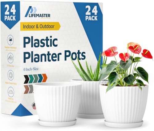 White 6-Inch Plant Pots with Drainage & Saucers 24 Pack, Indoor & Outdoor Planters for Houseplants, Herbs, and Flowers, Durable & Weatherproof Material, Stackable, Lightweight, Minimalist Design by LIFEMASTER