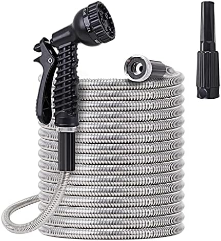 Stainless Steel Garden Hose 75 ft - Metal Water Hose with 2 Nozzles, Lightweight, Tangle Free & Kink Free, Heavy Duty, High Pressure, Flexible, Dog Proof by FOXEASE