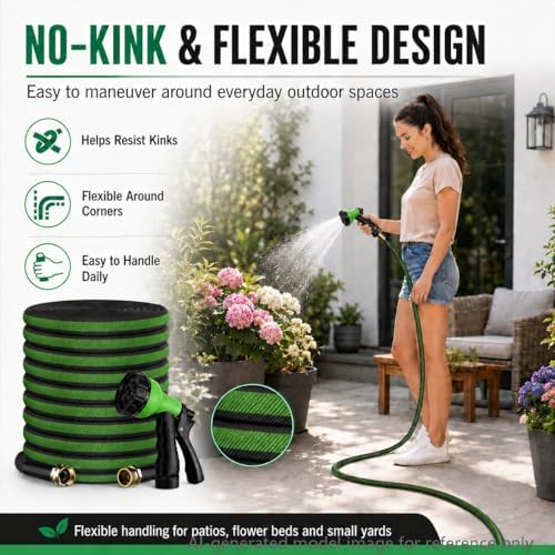 100FT Non-Expandable Flat Garden Hose with 10 Function Nozzle,No-Kink,Green - Image 4