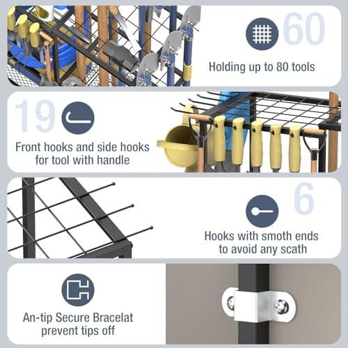Garden Tool Organizer, Metal Yard Tool Organizer,Holds 70 Long-Handled Tools/Rakes/Brooms,Side Garden Pocket,Heavy Duty Steel Yard Tool Storage Rack for Garage,Shed, Outdoor(Black-Large) - Image 5
