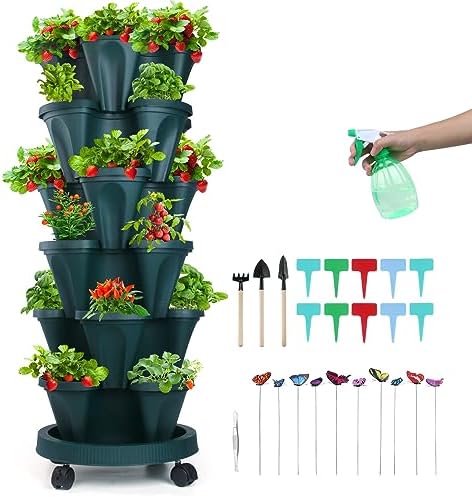 GameXcel Vertical Planter Tower - 6 Tier Stackable Garden Planters with Wheels and Garden Tool Set Plant Pots for Strawberry Herb Flower and Vegetable Indoor Outdoor Use Green by GameXcel