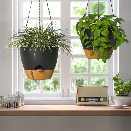 ZMTECH 12 Inch Hanging Planters for Indoor Outdoor Plants, 2 Pack Self Watering Hanging Plant Pots with Drainage Hole, Visual Reservoir, Plastic Flower Hanging Pots with Watering Lip (Black) - Image 6