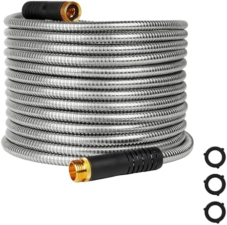 HERZO 50FT Metal Garden Hose, Ultra Flexible Stainless Steel Water Hose, Non-Kinking, Leak-Resistant Design with Solid Brass Connectors by HERZO