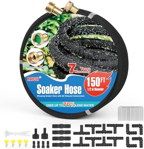 Soaker Hose 150FT Heavy Duty Rubber Saves 75% Water End Cap Included for Additional Hose Connect Great for Gardens/Flower Beds by Jewelry