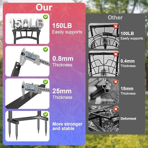Garden Hose Holder Freestanding, Outdoor Heavy Duty Water Hose Holder Reel with 4 Spikes Holds 150-ft Water Pipe, Detachable Metal Hose Storage Stand Hanger Rack for Outside Yard Lawn Farm, Black - Image 3