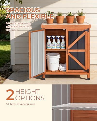 Outdoor Storage Cabinet, 31.5"×17.7"×33.3" in Wood Garden Tool Shed with Rustproof Metal Top, Potting Bench for Patio, Backyard, Pool & Garage, Organizer with Shelves - Image 4