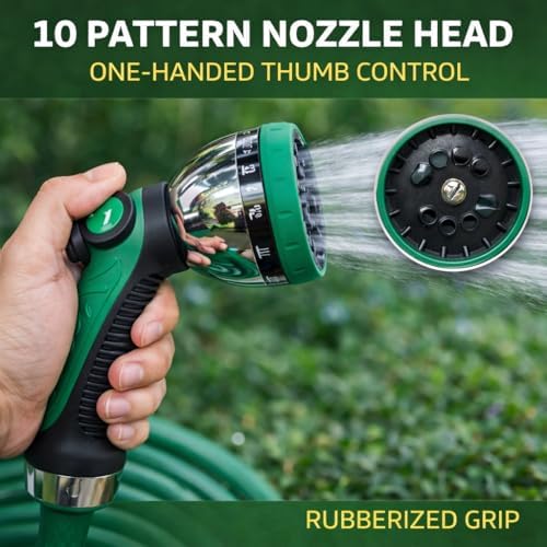 25 ft Kink Free Garden Hose with 10-Pattern Spray Nozzle – Kink Free, UV-Resistant, All-Weather Hose with Brass Fittings, One-Handed Thumb Control & Rubberized Grip - Image 3
