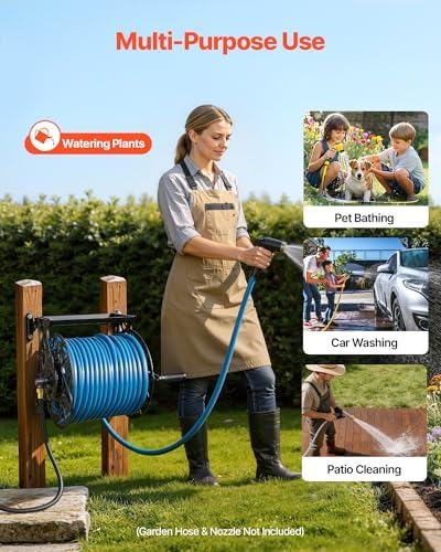 VEVOR Wall Mounted Garden Hose Reel, Holds 135 Feet of 5/8-inch Hose, Outdoor Heavy-Duty Waterhose Holder Winder, with Widened Top Tray, Aluminum Alloy Connector, Decorative Pattern, for Backyards - Image 6